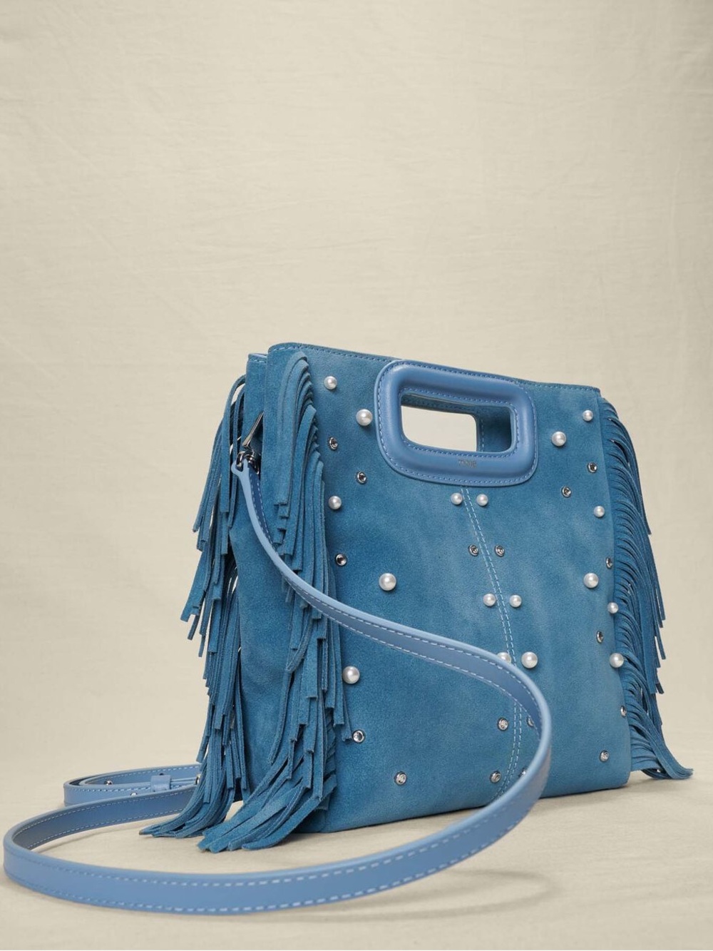 MAJE NWT BLUE SUEDE EMBELLISHED FRINGE BAG - Picture 5 of 14